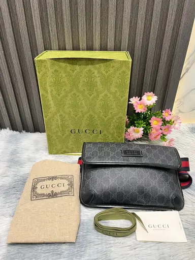 Gucci GG Supreme Canvas Flap Belt Bag (Black/Grey)