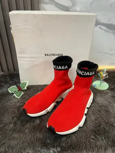 Used Balenciaga Speed Trainers Shoes Cuffed Red Black